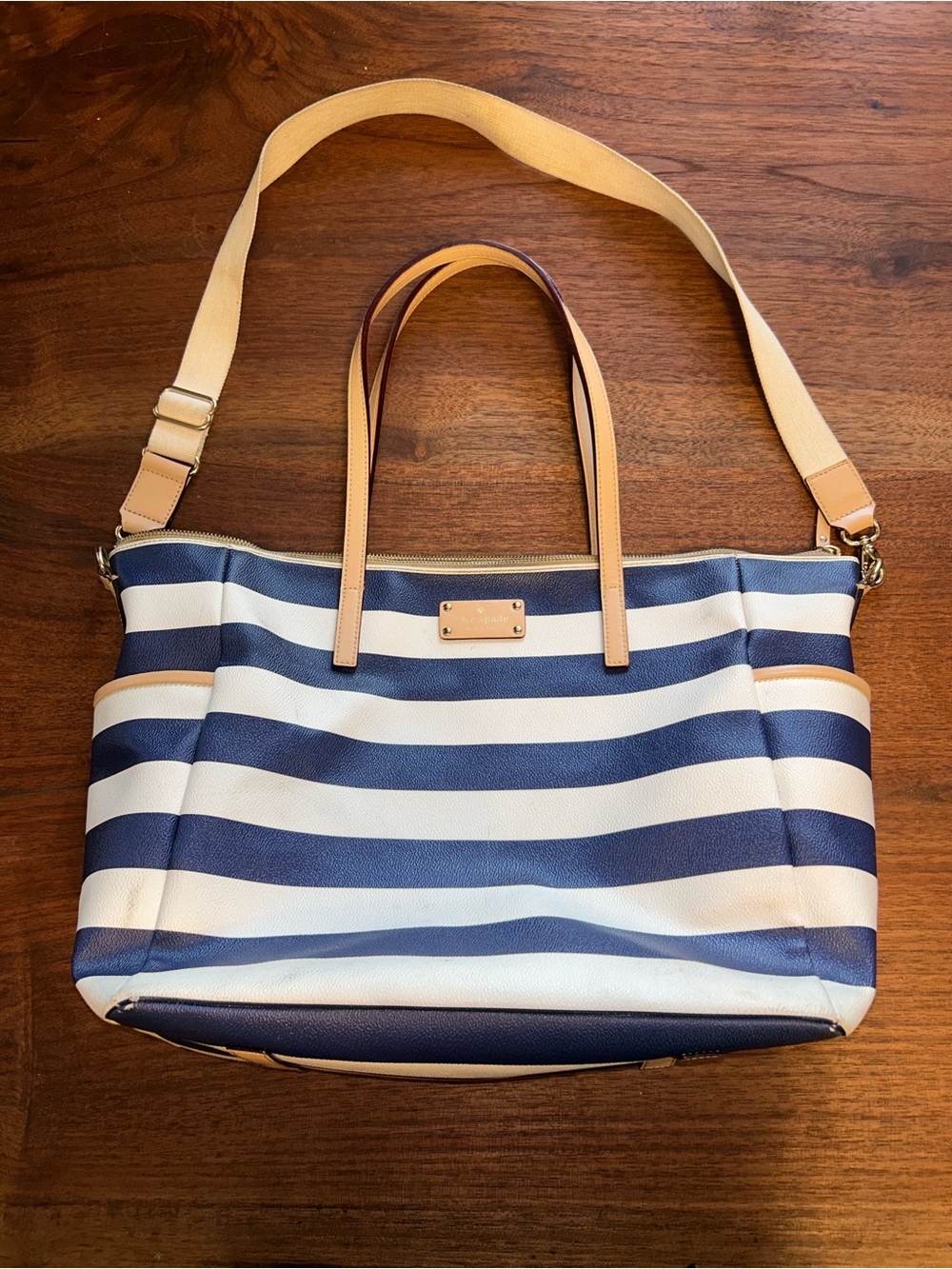 Kate Spade Navy Blue & White Striped Large Tote travel Bag Purse 20" x 12"